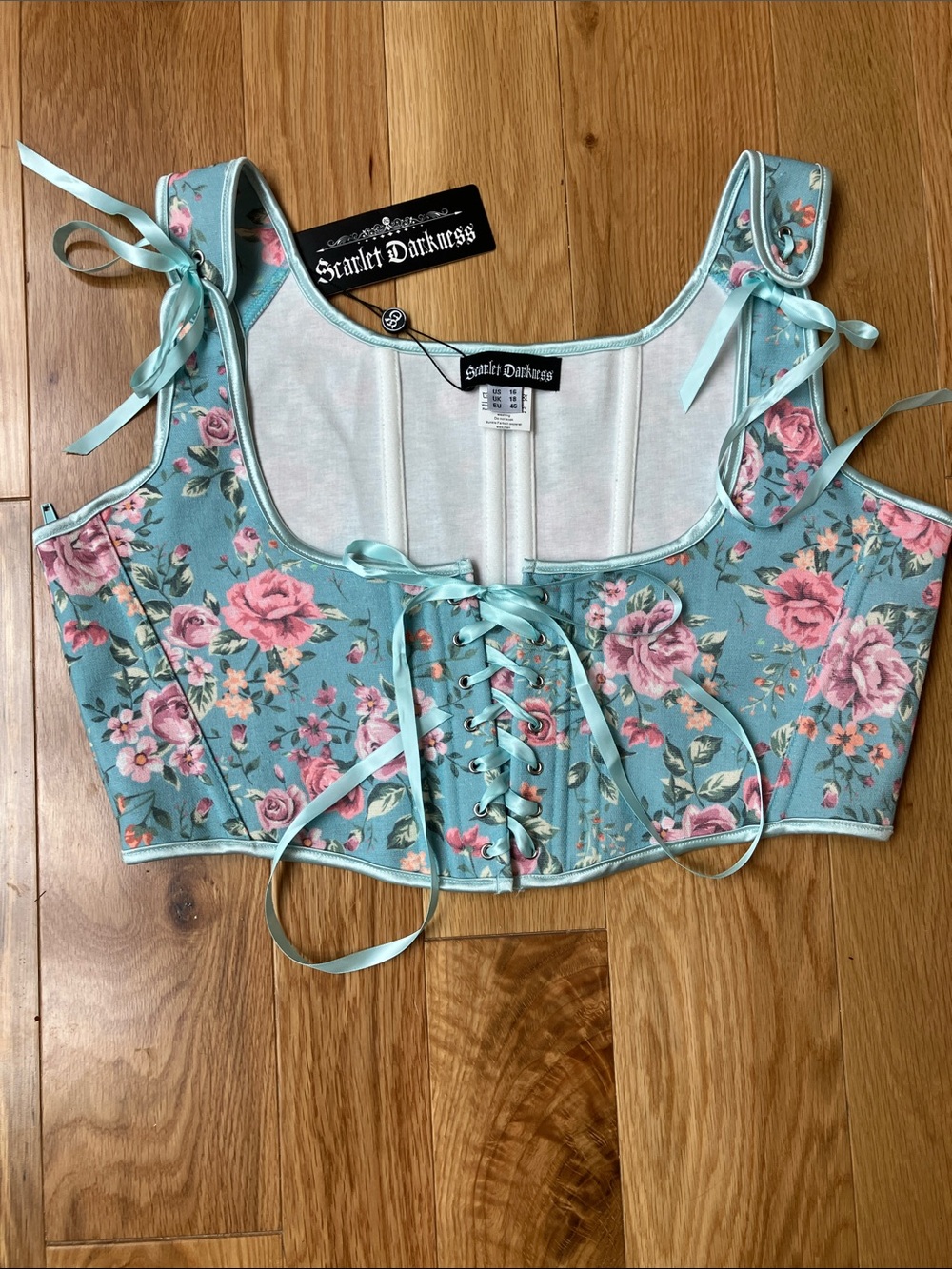 Scarlet Darkness Floral Lace-Up Corset Crop Top in Light Blue with Pink Roses
